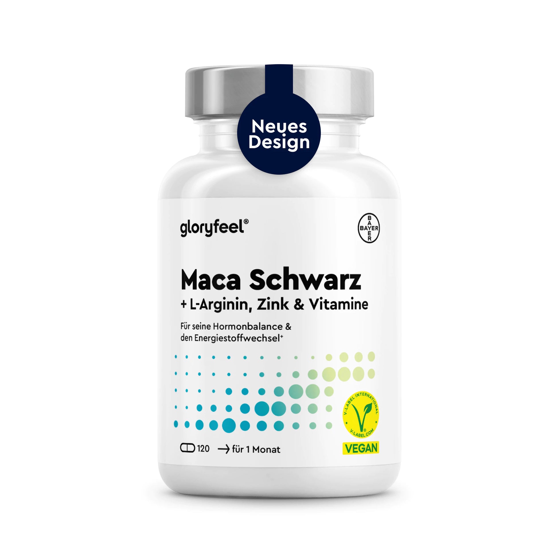 Eine weiße Flasche mit GLORYFEEL Maca schwarz Kapseln, die als vegan gekennzeichnet ist und 120 Kapseln für einen Monat enthält, weist einen Hinweis auf ein neues Design auf.