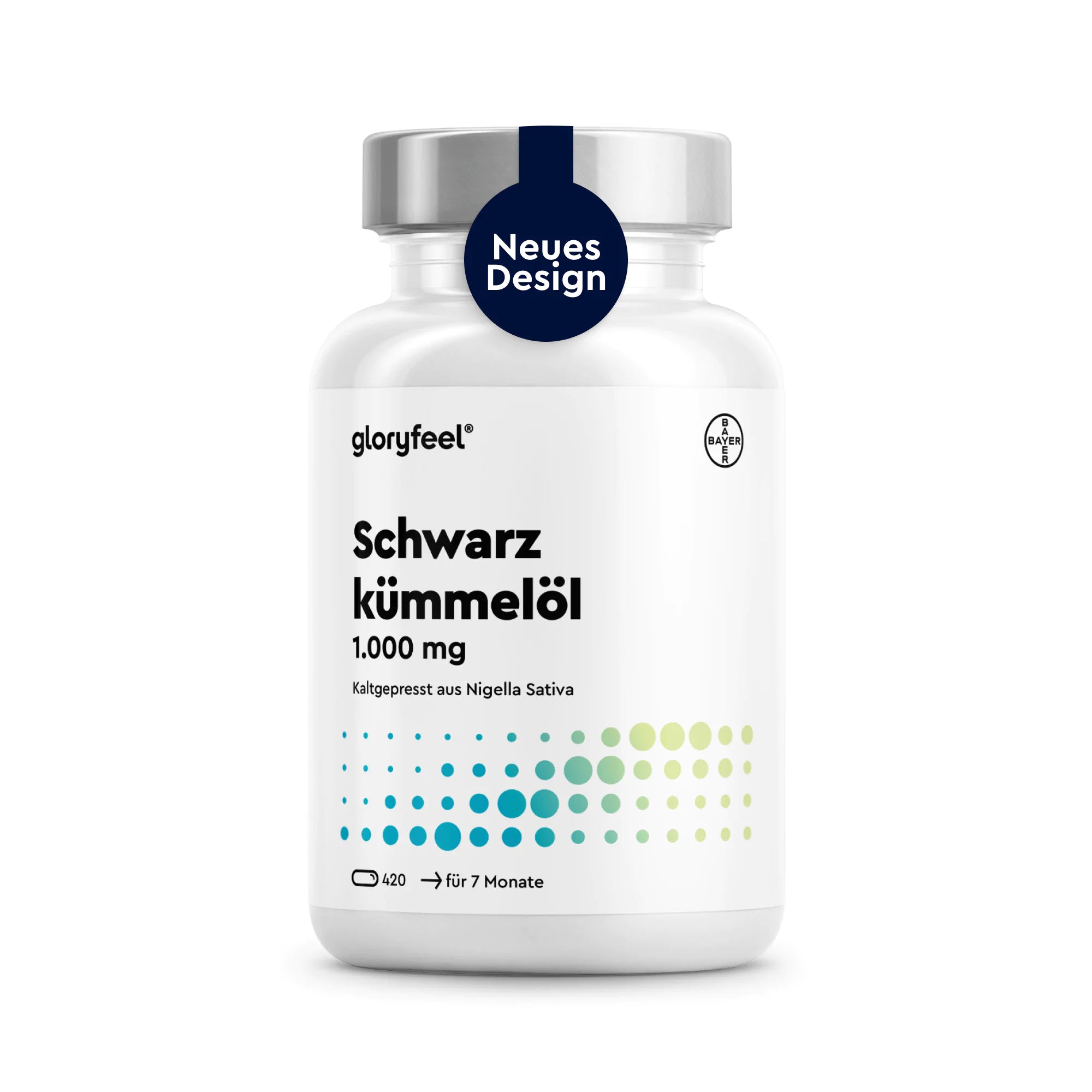 Weiße Flasche mit „gloryfeel“-Schwarzkümmelöl-Kapseln, mit einem blauen „Neues Design“-Etikett auf dem Deckel und minimalistischen Designelementen auf der Vorderseite.