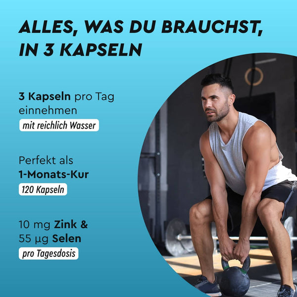 Ein Mann in Sportkleidung macht Kettlebell-Übungen; daneben Text zu gloryfeel Testo Booster Kapseln: 3 Stück täglich, 1-Monats-Kur, mit Zink und Selen.