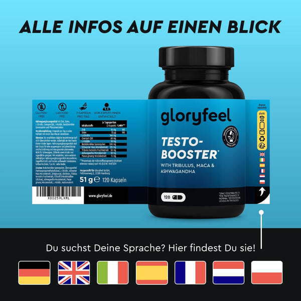 Eine Flasche gloryfeel Testo Booster Kapseln mit detailliertem Produktetikett, Dosierungsinformationen und mehrsprachigen Optionen, jeweils dargestellt durch verschiedene Länderflaggen.