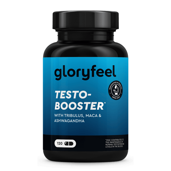 Eine schwarz-blaue Flasche mit der Aufschrift "gloryfeel Testo Booster Kapseln" enthält 120 Kapseln mit Tribulus, Maca und Ashwagandha.
