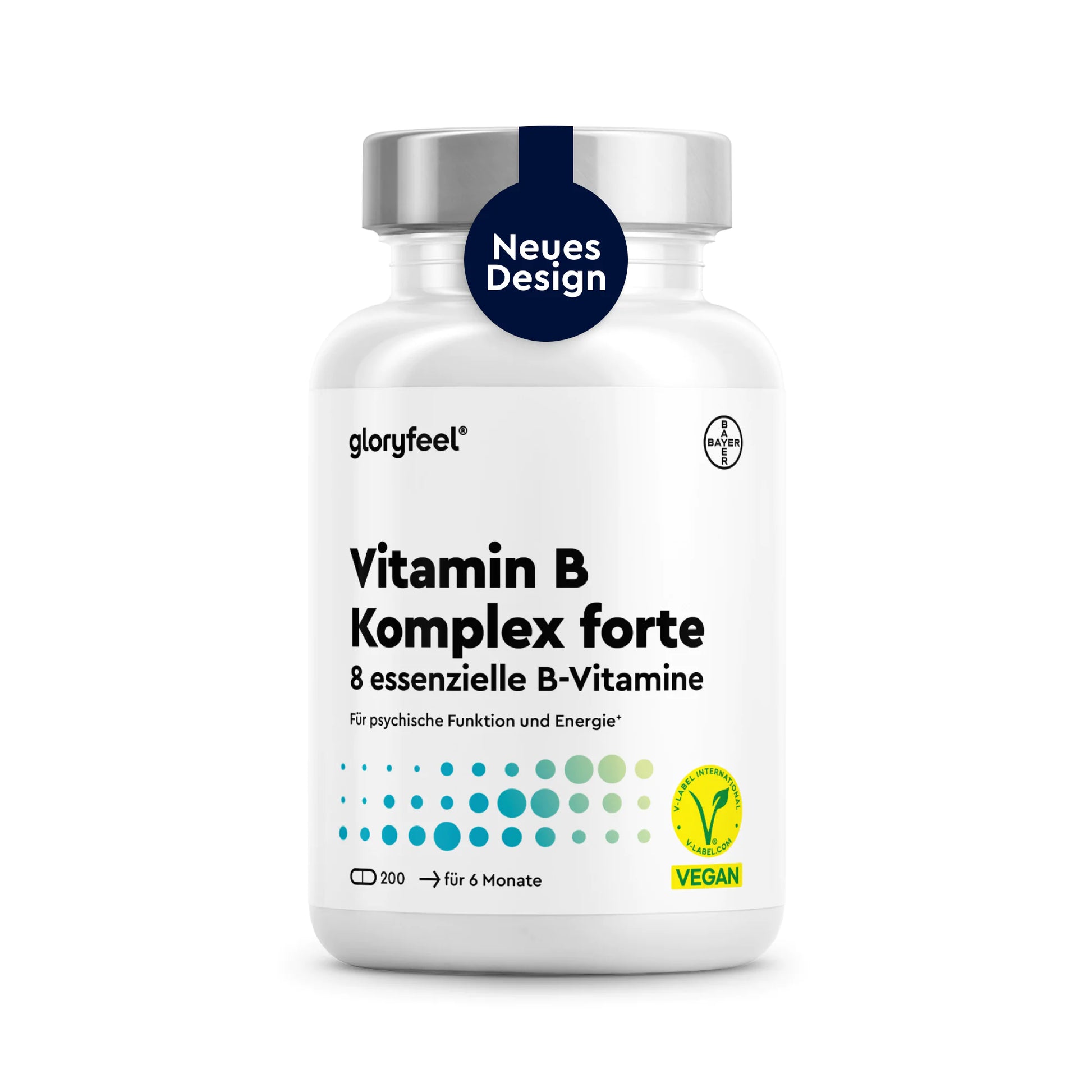 Eine weiße Flasche mit „Gloryfeel’s Vitamin B Komplex Forte Kapseln“, die 8 essentielle B-Vitamine enthält, als vegan gekennzeichnet ist und für einen Vorrat von 6 Monaten ausgelegt ist, mit einem Aufkleber „Neues Design“ auf dem Deckel.