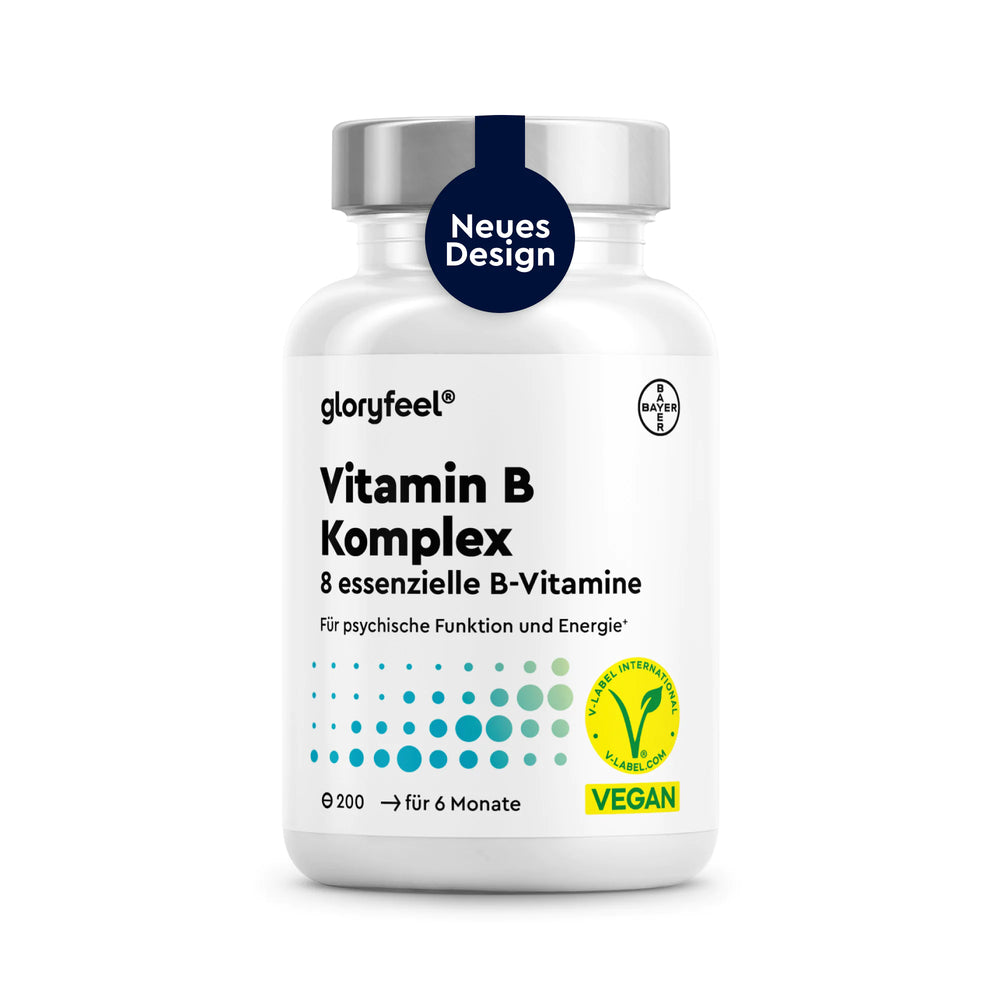 Eine weiße Flasche „gloryfeel Vitamin B Komplex Tabletten“ mit 200 veganen Tabletten, die auf Deutsch beschriftet ist, enthält acht essentielle B-Vitamine und ist mit einem blauen Aufkleber mit der Aufschrift „Neues Design“ auf dem Deckel versehen.