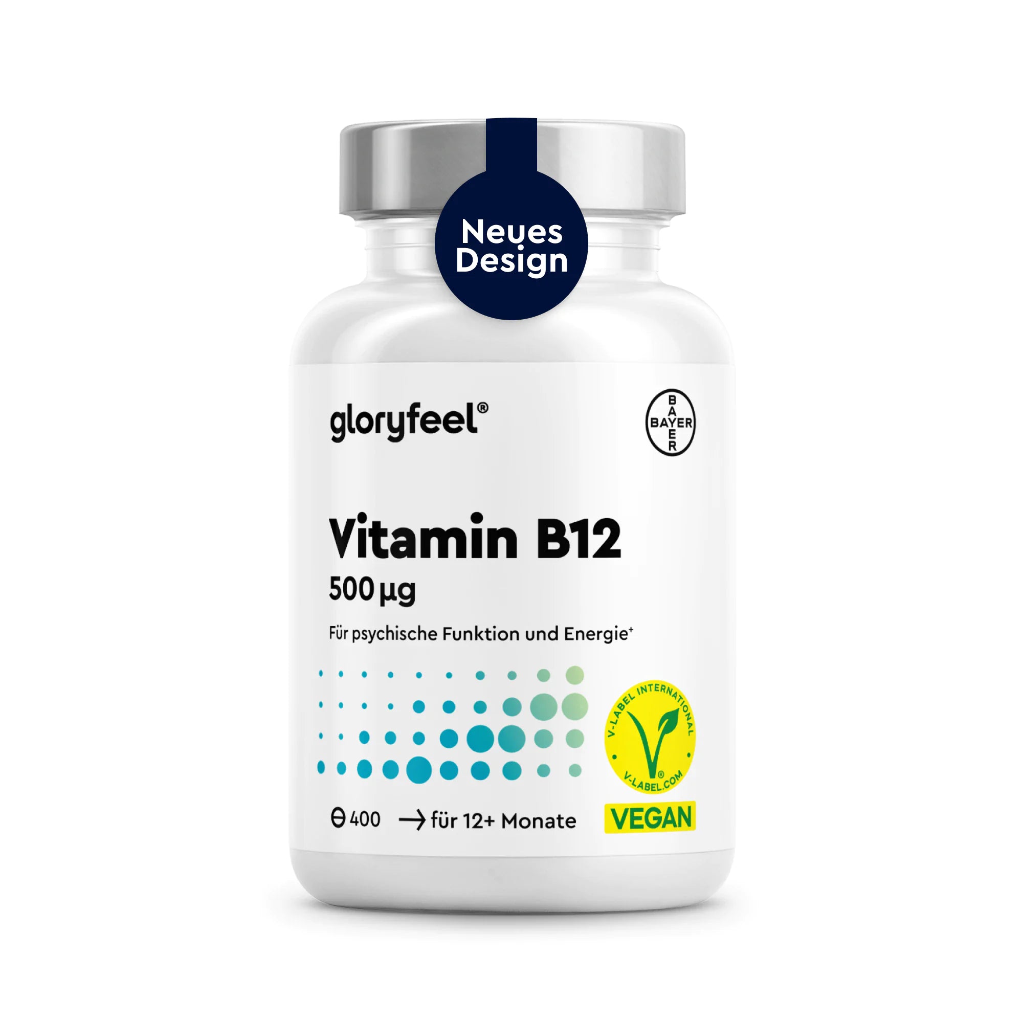 Weiße Flasche mit GLORYFEEL Vitamin B12-Methylcobalamin-Tabletten, als vegan gekennzeichnet, mit 400 Tabletten à 500 µg pro Portion, geeignet für Kinder ab 12 Monaten, mit einem Aufkleber „Neues Design“.