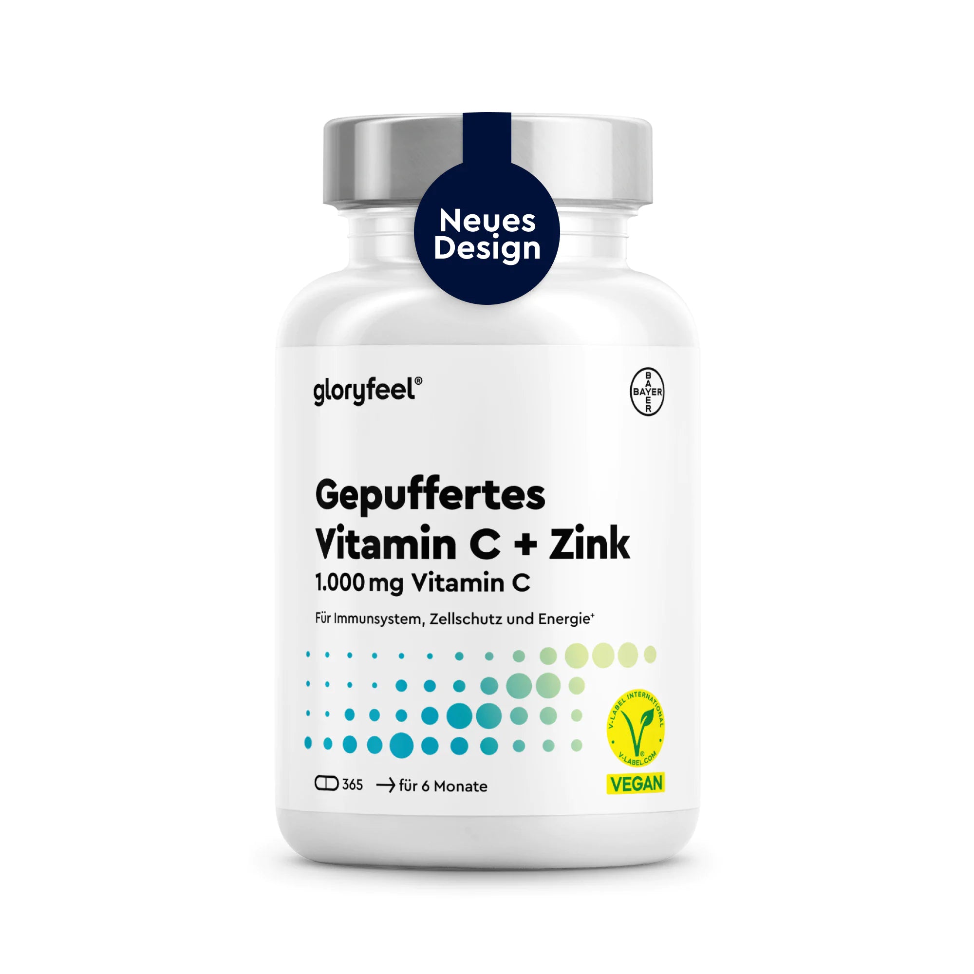 Eine weiße Flasche mit der Aufschrift „Vitamin C gepuffert + Zink Kapseln“ von gloryfeel, die 365 vegane Tabletten zur Stärkung des Immunsystems enthält und auf deren Deckel „Neues Design“ steht.