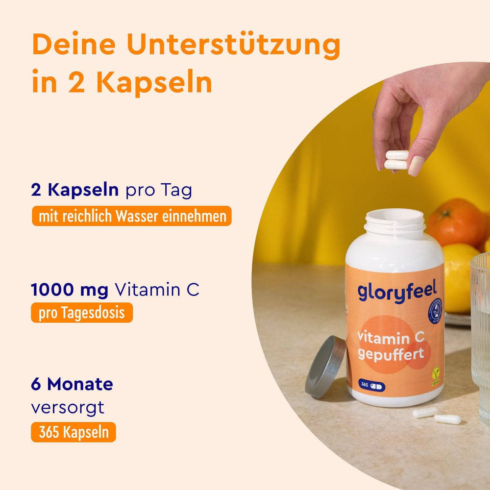 Eine Hand hält zwei Kapseln über einer Flasche mit der Aufschrift „Vitamin C Kapseln gepuffert“ der gloryfeel GmbH. Dosierung, Tagesmenge und Einnahmedauer sind im Text angegeben. Im Hintergrund sind Früchte und ein Glas Wasser zu sehen.