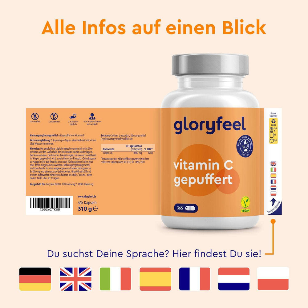 Eine Flasche Vitamin C Kapseln gepuffert der gloryfeel GmbH mit einem orangefarbenen Etikett; unten sind Sprach- und Flaggenoptionen für verschiedene Übersetzungen aufgeführt.