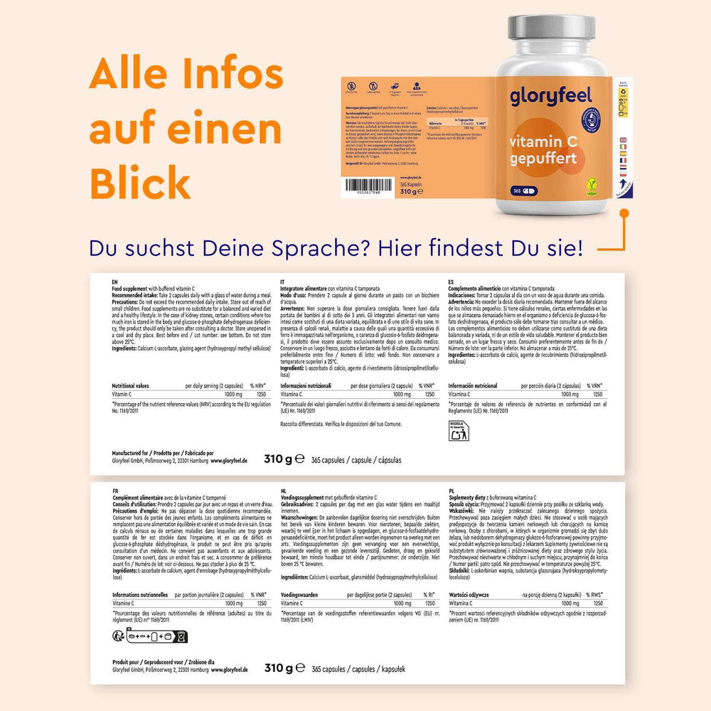 Produktinformationsblatt für Vitamin C Kapseln gepuffert der gloryfeel GmbH mit Abbildung der Verpackung und mehrsprachiger ausführlicher Gebrauchsanweisung.