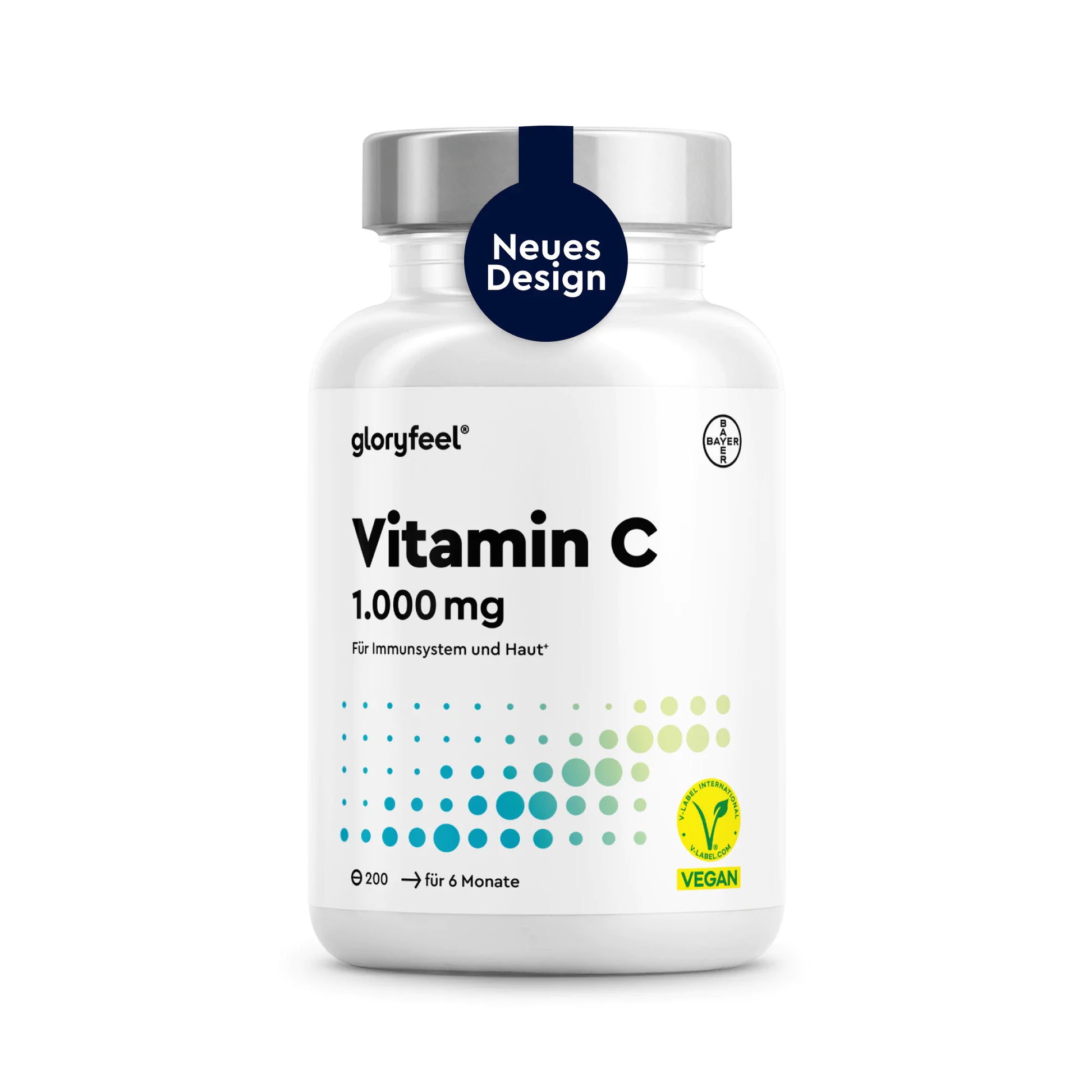 Eine weiße Flasche mit GLORYFEEL-Vitamin-C-Tabletten und silbernem Verschluss trägt ein Vegan-Zertifikat und einen deutschen Text, wobei auf einem blauen Etikett „Neues Design“ hervorgehoben ist.