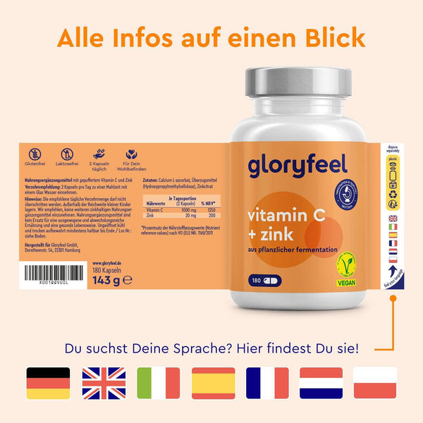 Vitamin C + Zink 180 Kapseln Sprachen