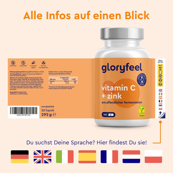 Vitamin C gepuffert + Zink 365 Kapseln Sprachen