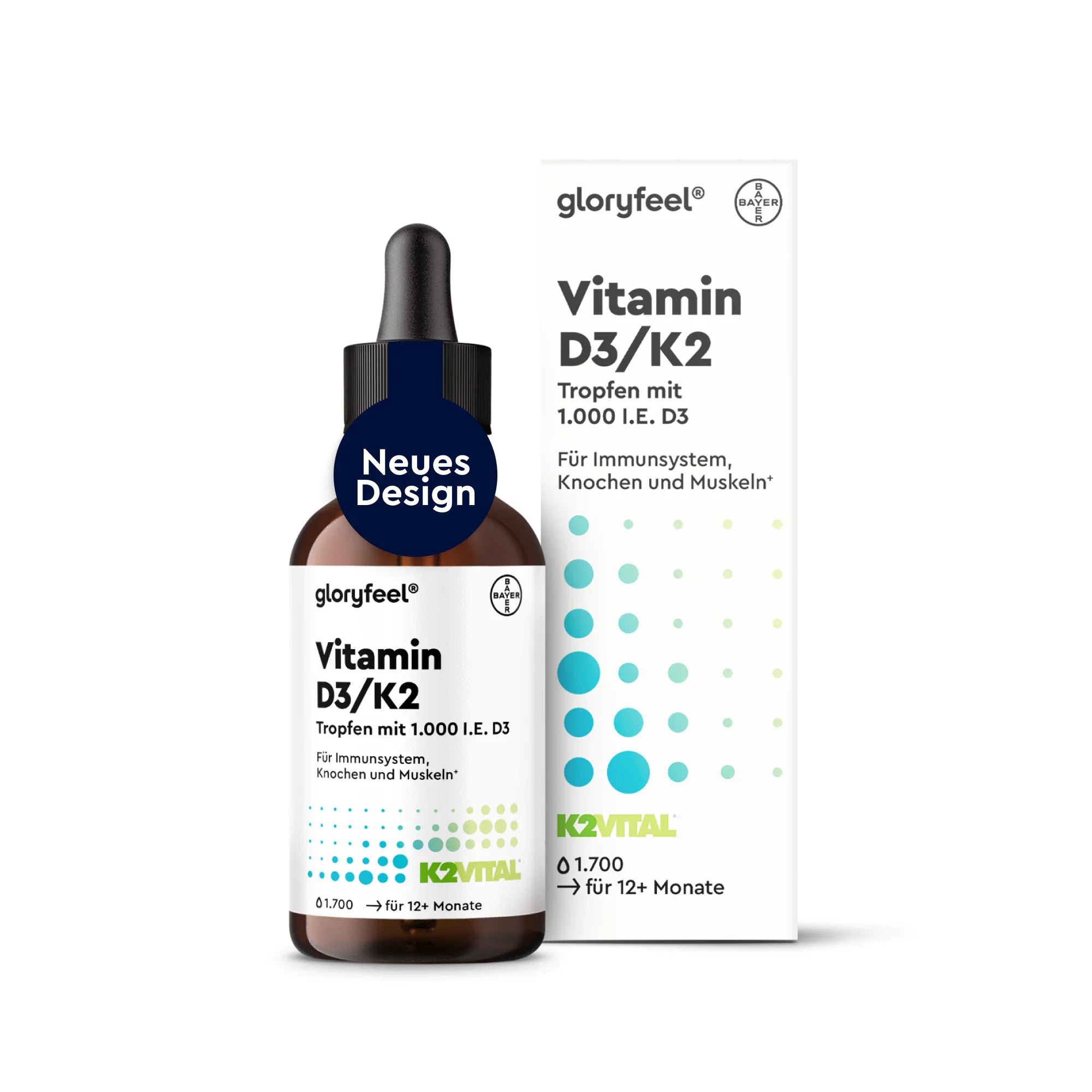 Eine Flasche und eine Schachtel GLORYFEEL Vitamin D3/K2-Tropfen für das Immunsystem, die Knochen und die Muskeln, mit einem „New Design“-Aufkleber; geeignet für Kinder ab 12 Monaten.