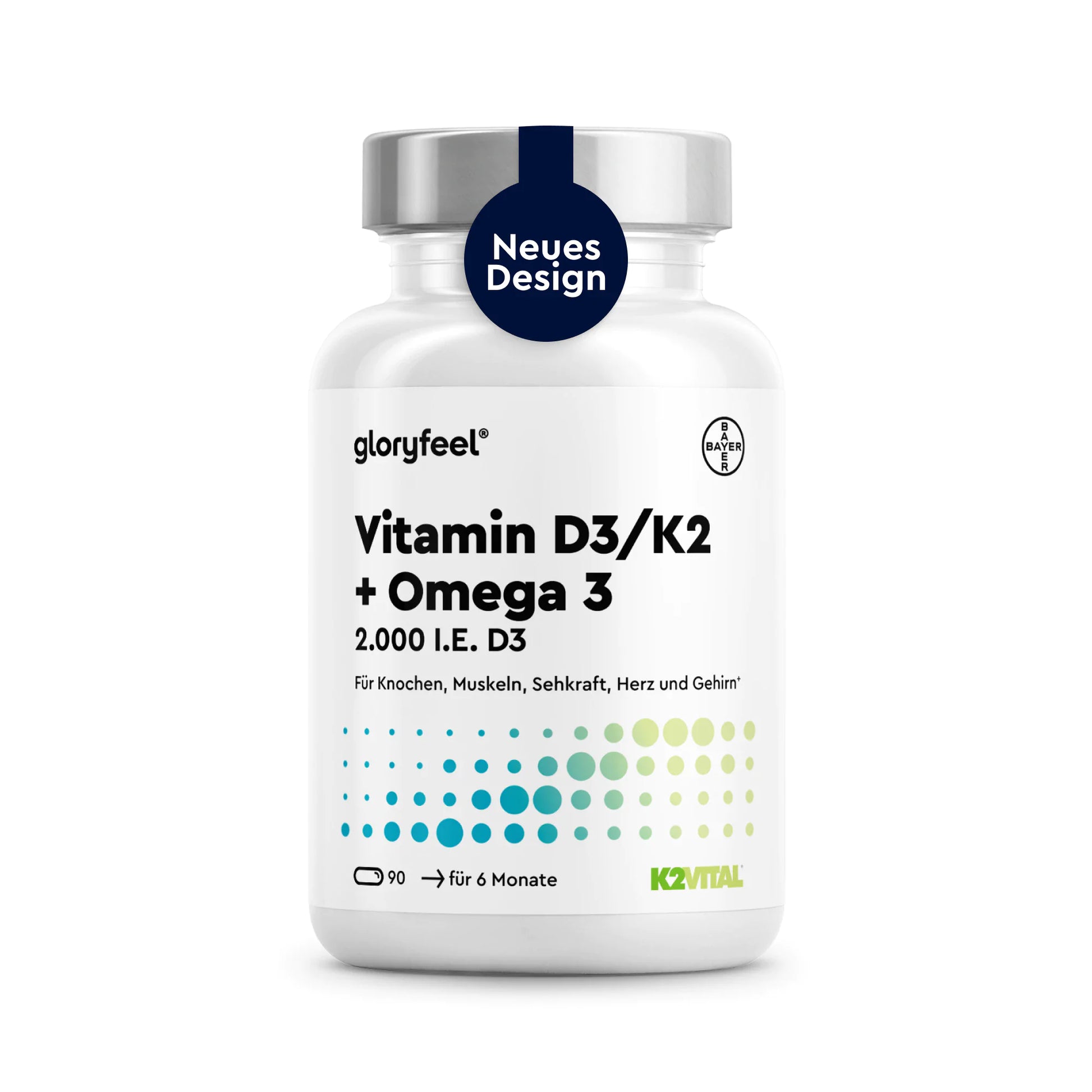 Weiße Flasche mit GLORYFEEL Vitamin D3 + K2 + Omega-3-Kapseln, 90 Kapseln, mit Etiketten zur Unterstützung von Knochen, Muskeln, Sehvermögen, Herz und Gehirn sowie einem Aufkleber mit der Aufschrift „Neues Design“ auf dem Deckel.