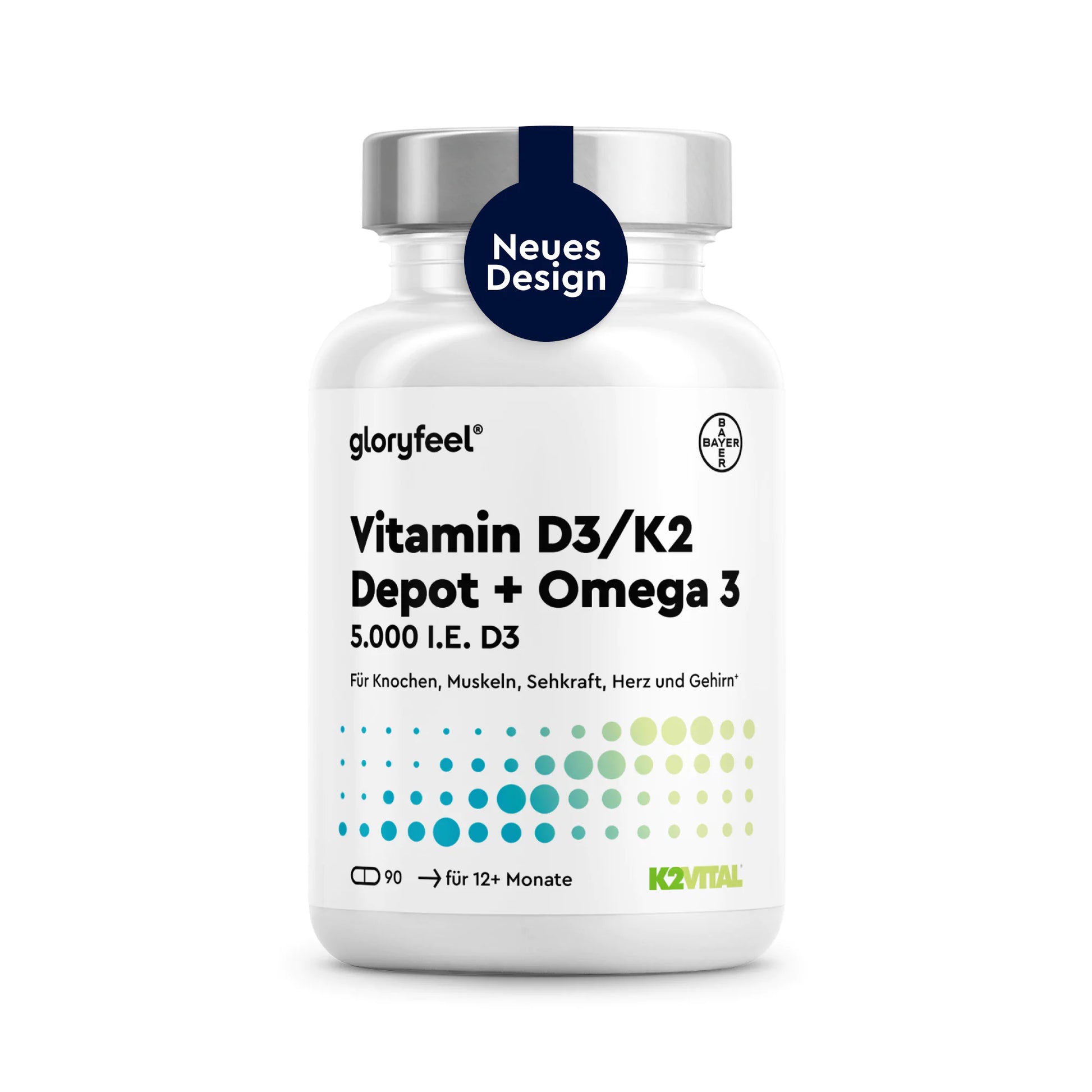 GLORYFEEL Vitamin D3/K2 5.000 I.E. + Omega-3-Depot, mit neuem Design auf der weißen Flasche, enthält 90 Kapseln für einen Vorrat von über 12 Monaten.