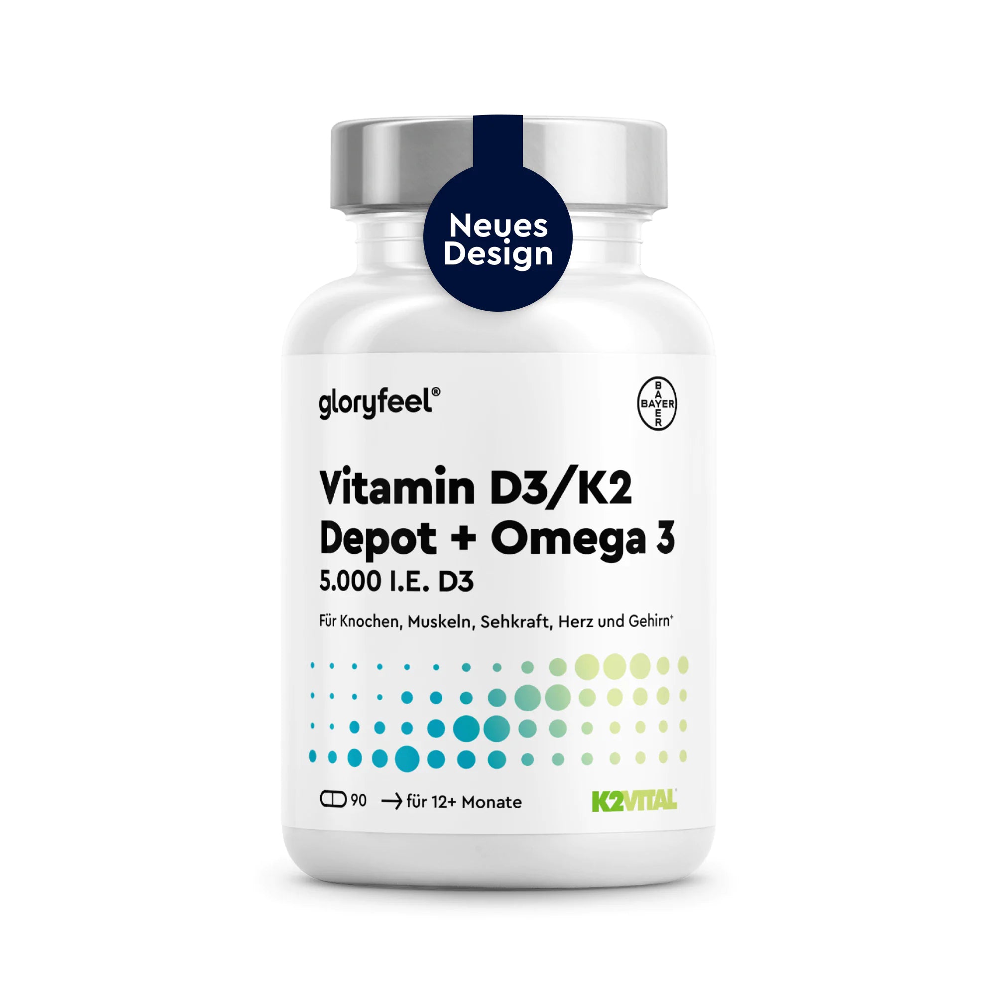 GLORYFEEL Vitamin D3/K2 5.000 I.E. + Omega-3-Depot, mit neuem Design auf der weißen Flasche, enthält 90 Kapseln für einen Vorrat von über 12 Monaten.