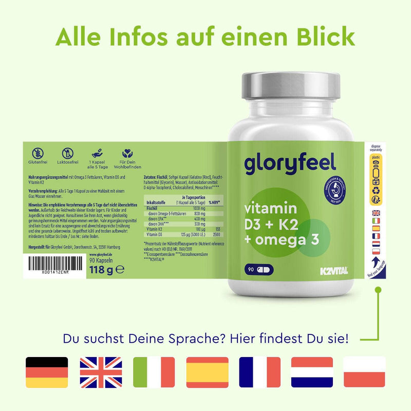 Vitamin D3 K2 + Omega 3 Kapseln Sprachen