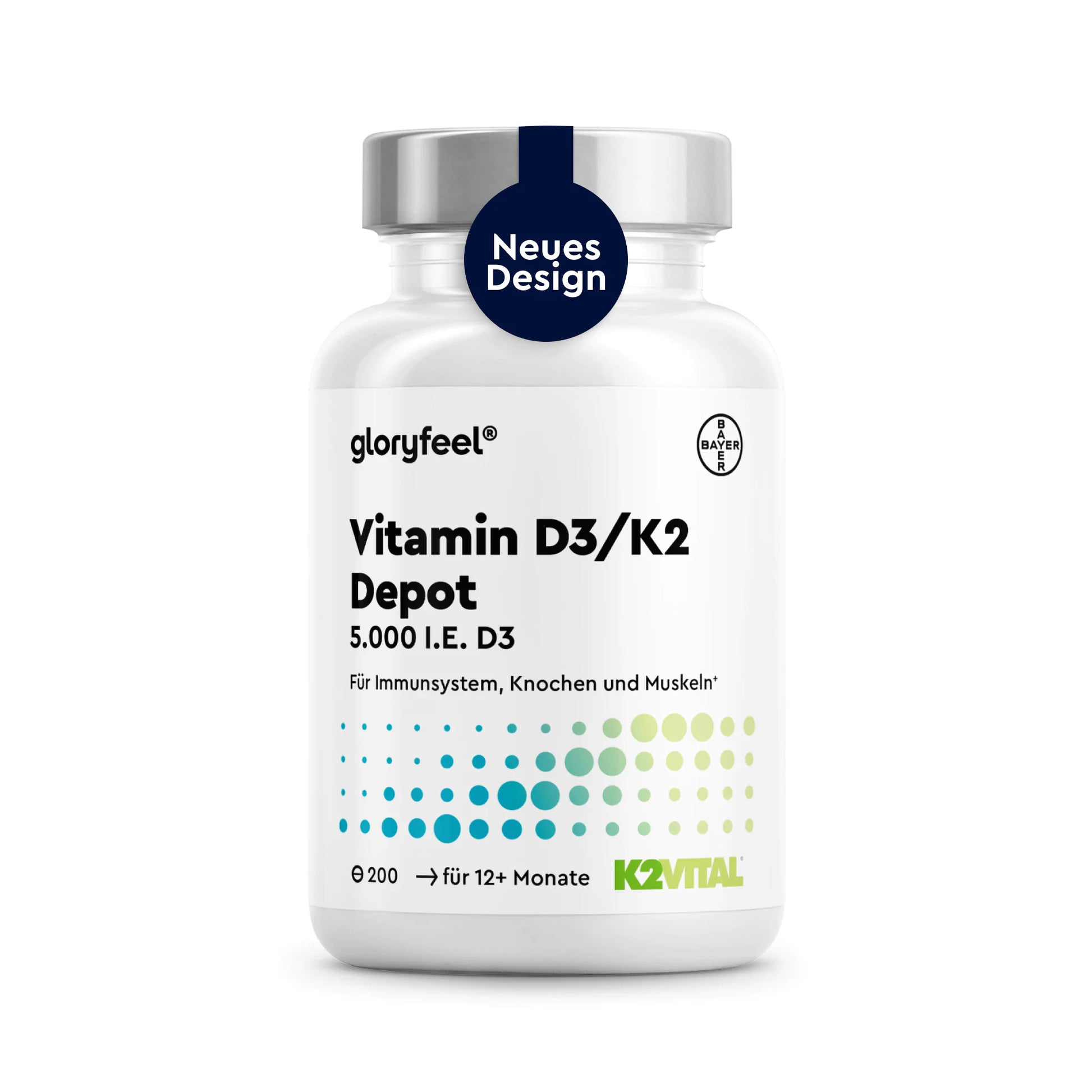 Weiße Flasche mit GLORYFEEL Vitamin D3 + K2 5.000 I.E. Tabletten, gekennzeichnet zur Unterstützung des Immunsystems, der Knochen und der Muskeln, mit 200 Tabletten; versehen mit einem blauen Aufkleber mit der Aufschrift „Neues Design“.