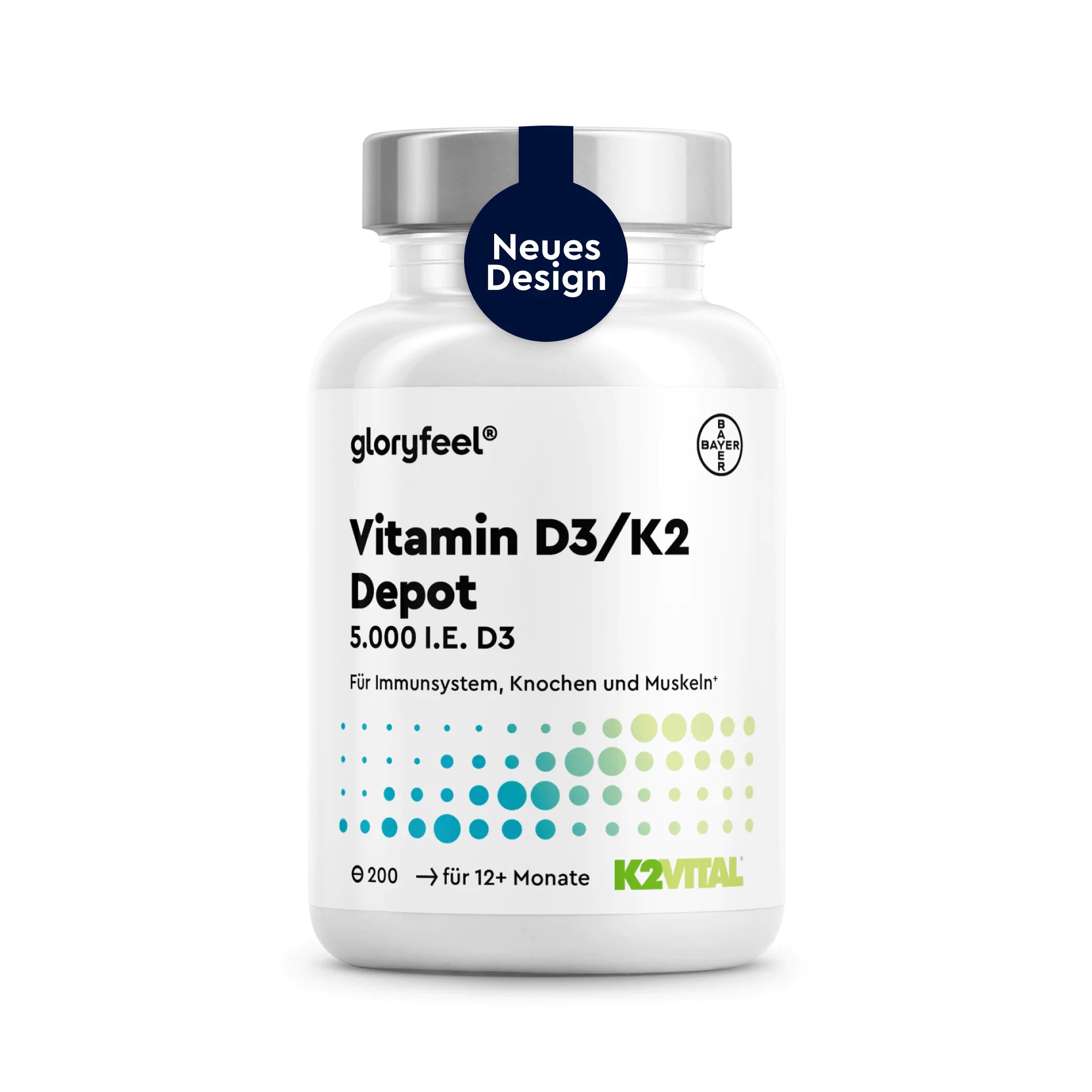 Weiße Flasche mit GLORYFEEL Vitamin D3 + K2 5.000 I.E. Tabletten, gekennzeichnet zur Unterstützung des Immunsystems, der Knochen und der Muskeln, mit 200 Tabletten; versehen mit einem blauen Aufkleber mit der Aufschrift „Neues Design“.