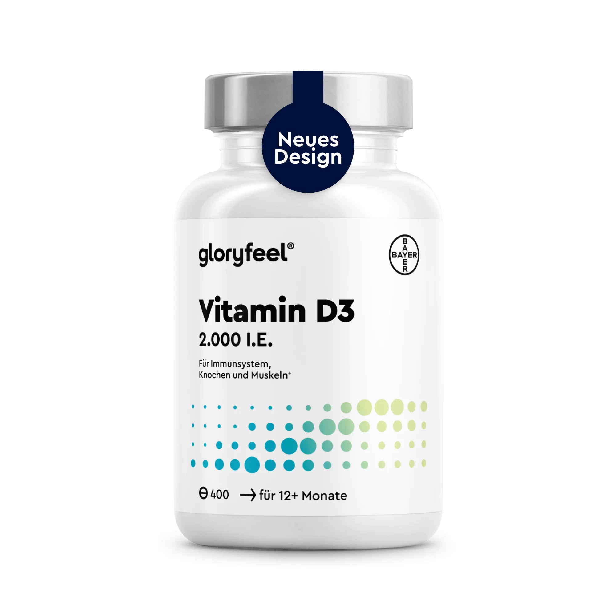 Eine weiße Flasche mit GLORYFEEL Vitamin D3 2000 I.E.-Tabletten, die für das Immunsystem, die Knochen und die Muskeln ausgewiesen ist und auf der Vorderseite ein blaues Etikett mit der Aufschrift „Neues Design“ sowie ein grün-blaues Punktmuster aufweist.