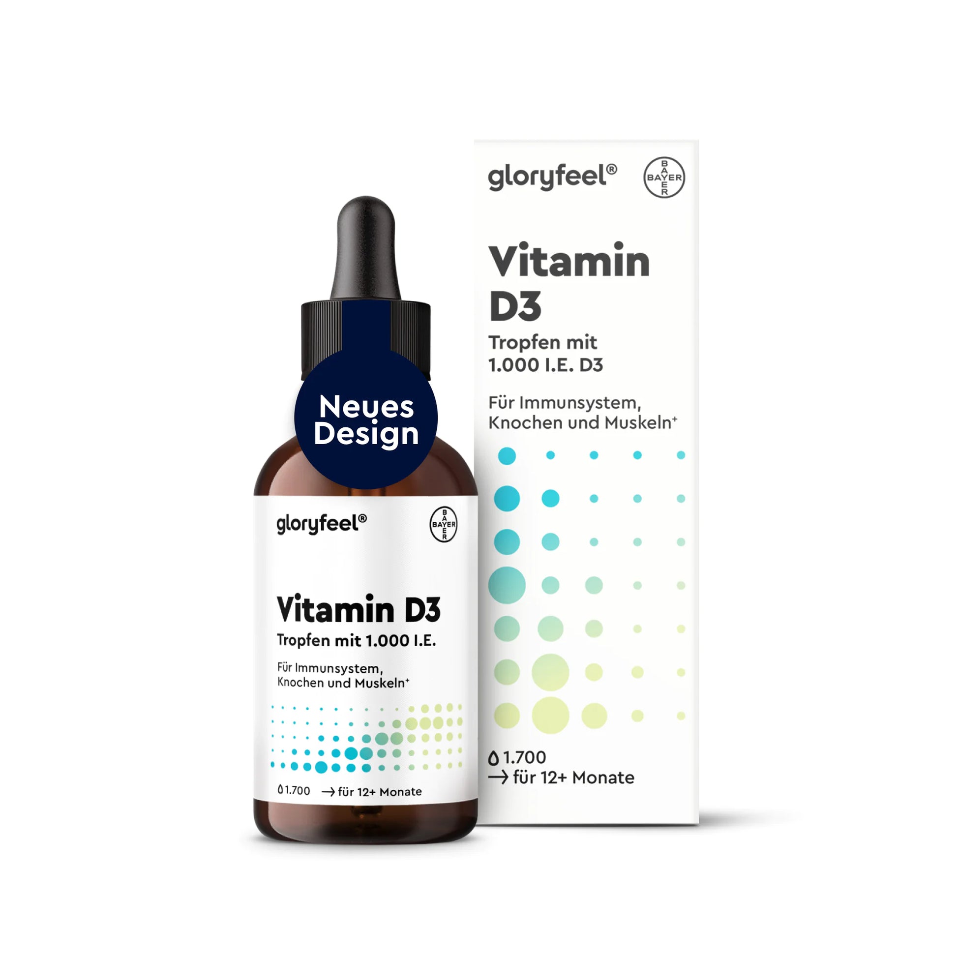 Eine Flasche und eine Packung GLORYFEEL Vitamin D3 1.000 I.E. Tropfen, für das Immunsystem, die Knochen und die Muskeln, geeignet für Kinder ab 12 Monaten.