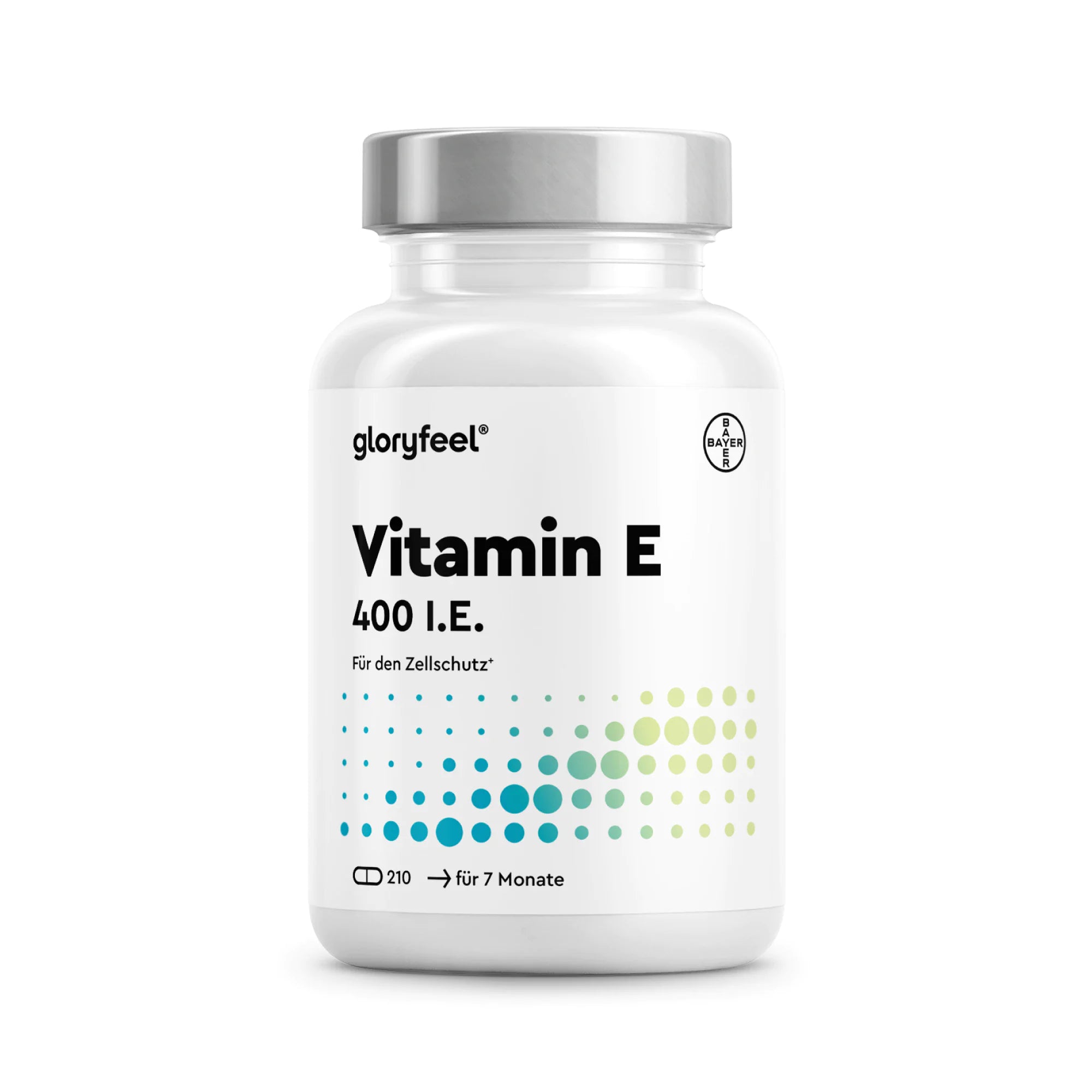 Eine weiße Flasche mit der Aufschrift „gloryfeel Vitamin E Kapseln“, einem grauen Verschluss, einem blaugrünen Punktmuster und einem deutschen Text, der angibt, dass 210 Kapseln für 7 Monate reichen.