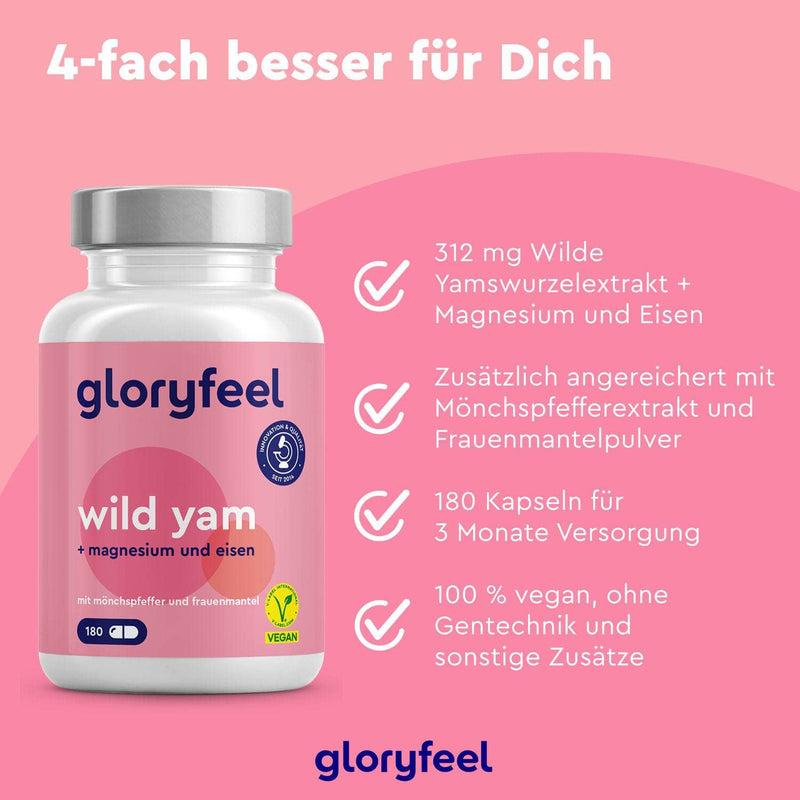 Vor rosa Hintergrund ist eine Flasche Wild Yam Kapseln der gloryfeel GmbH abgebildet. Sie enthält 312 mg Wild Yam-Extrakt, Magnesium, Eisen und weitere pflanzliche Inhaltsstoffe. Enthält 180 Kapseln.