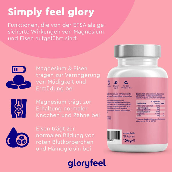 Auf der rosafarbenen Flasche mit den Wild Yam Kapseln der gloryfeel GmbH finden sich neben Bildern einer Person, eines Knochens und eines Blutstropfens auch deutsche Texte zu gesundheitlichen Vorteilen wie verringerter Müdigkeit und der Erhaltung von Knochen und Zähnen.