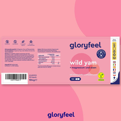 Die rosa verpackten Wild Yam Kapseln der gloryfeel GmbH enthalten 180 vegane Kapseln mit Magnesium und Eisen, mit sichtbaren Nährwertangaben und Zertifizierungen.