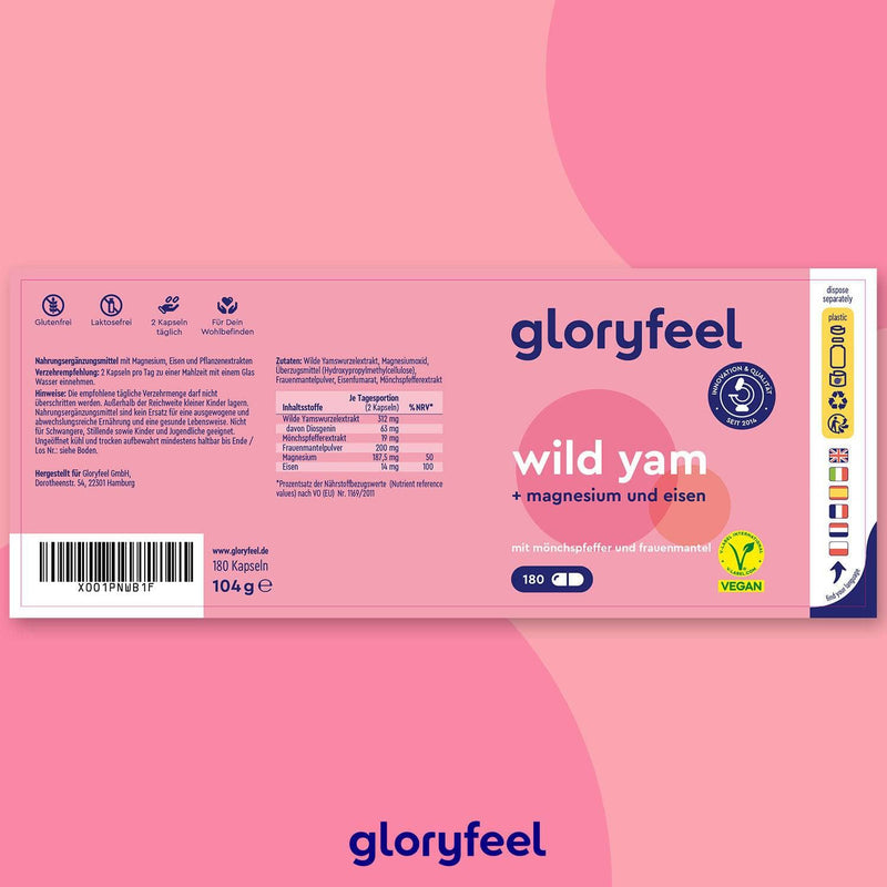 Die rosa verpackten Wild Yam Kapseln der gloryfeel GmbH enthalten 180 vegane Kapseln mit Magnesium und Eisen, mit sichtbaren Nährwertangaben und Zertifizierungen.