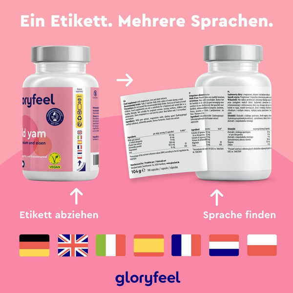Eine Flasche Wild Yam Kapseln der gloryfeel GmbH verfügt über ein mehrsprachiges Etikett mit einem abgezogenen Abschnitt, der zusätzliche Informationen freigibt, und verschiedenen Flaggen, die die Sprachoptionen anzeigen.