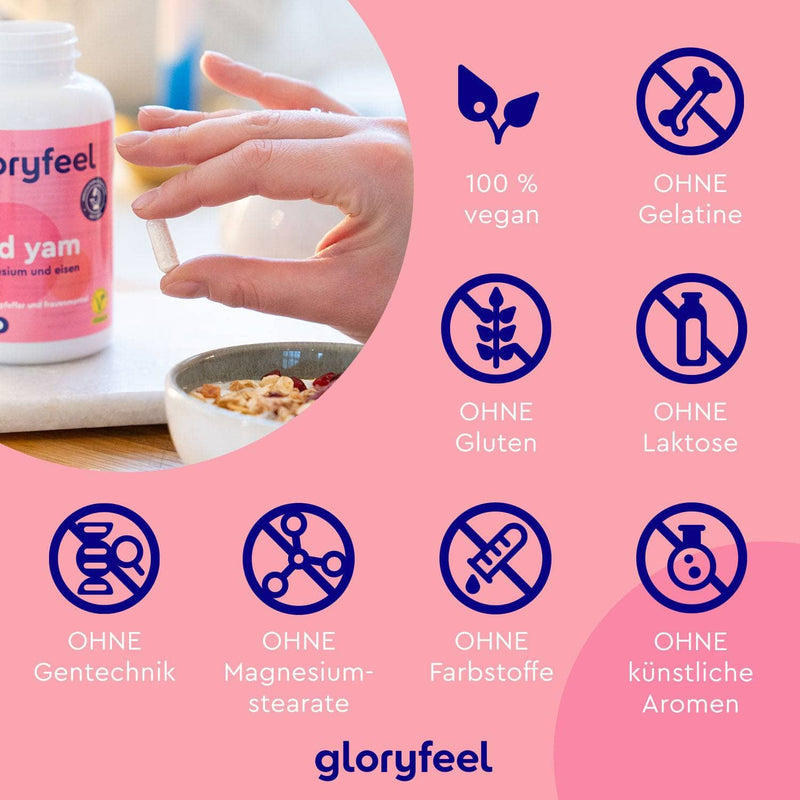 Eine Person hält eine Wild Yam Kapseln der gloryfeel GmbH neben einer Schüssel. Das Bild betont, dass das Nahrungsergänzungsmittel 100 % vegan und frei von Gelatine, Gluten, Laktose, Gentechnik, Magnesiumstearat, Farbstoffen und künstlichen Aromen ist.